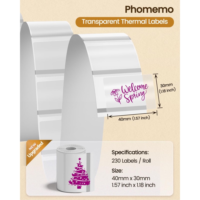 Phomemo M110 M120 M200 M220 M221 Transparent Labels, Rectangular Thermal