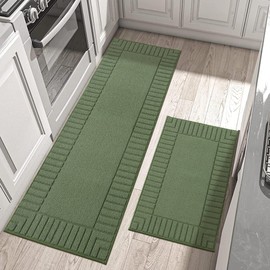 BEQHAUSE-Kitchen-Rugs-Non-Slip-Kitchen-Mats-for-Floor Machine Washable Kitchen Rugs 2 Pieces Kitchen Carpet Runner with TPR Backing,Green,24x35inch/24x60inch
