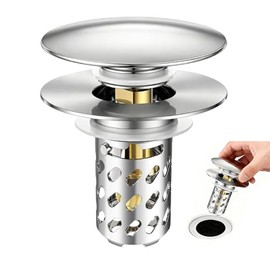 Pop Up Bathroom Sink Stopper, Universal Bathroom Sink Drain Strainer with Hair Catcher, for 1.1"-2.17" Drains, Brass Core & Stainless Steel Mesh