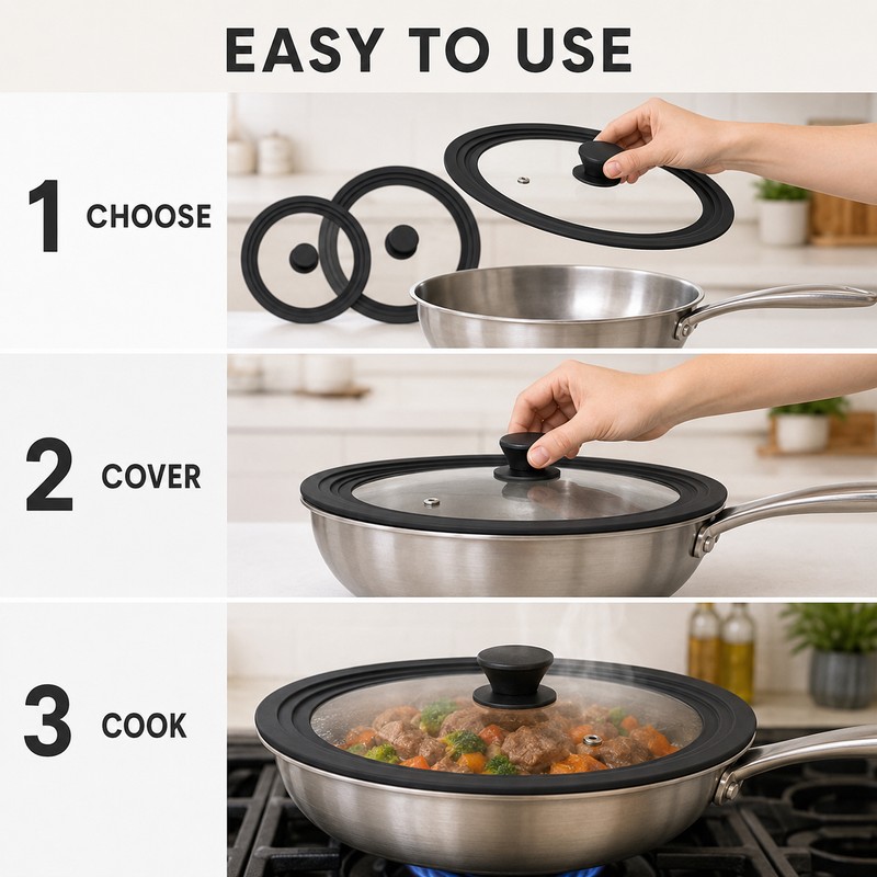 Universal Silicone Glass Pot Lid with Steam Vent, 16-32cm