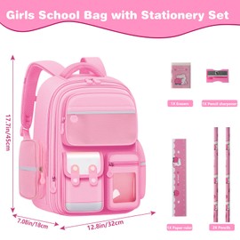 School Bags for Girls with Stationery Set, Large Capacity Kids Backpack Rucksack for Primary School, Lightweight Pink Back Pack Bag for 8-10 Years Old(Girls, Pink A)