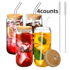 Glass Cup with Lid & Straw & Brush Set, 16oz Party Clear Glass Cup Set, Can Shaped Drinking Glasses, Birthday Gift Ideas, Home Decor, Suitable for Coffee, Juice, Milk Tea, Beer - Color: Clear, Specification: 2 Counts