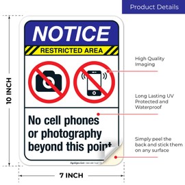Sigo Signs, No Cell Phones Or Photography Beyond This Point Sign, ANSI Notice Sign, 10x7 Inches, 4 Mil Vinyl Decal Stickers Weather Resistant UV Protected, Made in USA