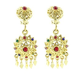 Siwalai Thai Traditional Gold Plated Multicolor Crystals Clip On Earrings 3 Inches