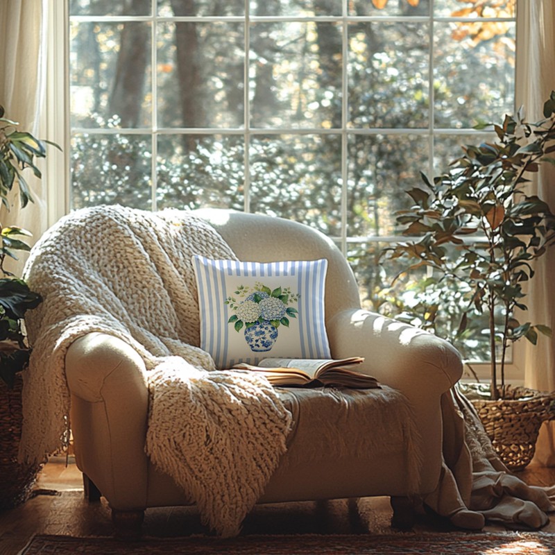 FITIE Blue Chinoiserie Hydrangea Floral Pillow Covers 18x18, Chinoiserie Decor,