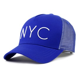 AMPLESH Simple Modern NYC Logo Cotton Mesh Cap Adjustable Snapback Trucker Hat for Men Women (Blue/White Logo)