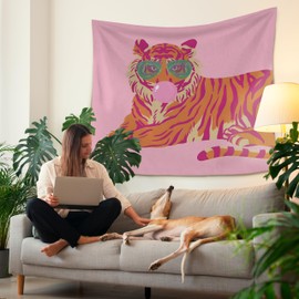 HUGANE Trendy Preppy Orange Tiger Tapestry, Coquette Pink Tapestry Wall Hanging, Cute Girly Aesthetic Tiger Wall Blanket Backdrop Decor for Girls Room College Dorm, 50x60 Inch