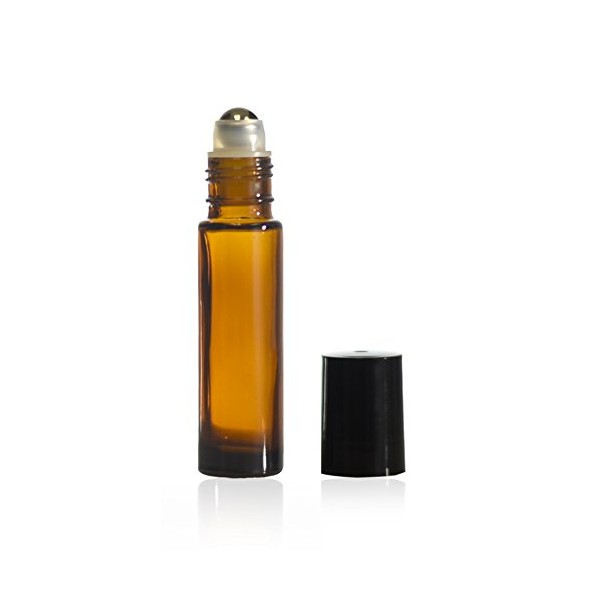10 ml (1/3 oz) Amber Glass Roll on Bottle with Stainless Steel Ball & BPA Free Black Caps (12)