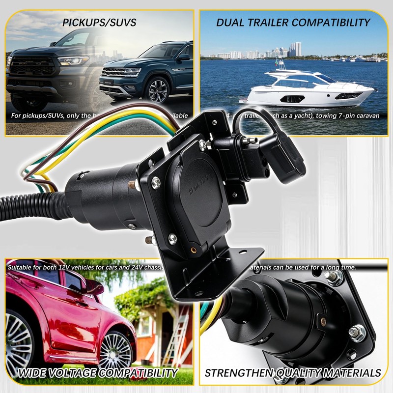 Trailer Wiring Adapter 4-Way Flat to 7-Way 4-Pin Female, Dual-Output
