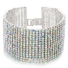 COOLSTEELANDBEYOND Dazzling Rainbow Rhinestone Pave Cluster Wide Bangle Bracelet, Metal, No gemstone