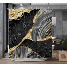 Renaiss 72x72 Inches Black Gold Marble Shower Curtain, Abstract Golden Cracked Lines Marble Texture Modern Luxury Ink Art Fabric Shower Curtains for Bathroom Decor Waterproof with Hooks