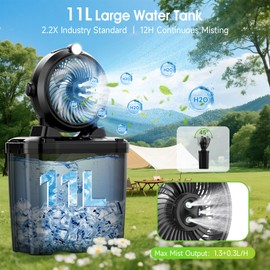 Misting Fan Portable with 11L Bucket for Outdoor Patio, 20000mAh USB Rechargeable Battery Camping Fan, 3 Powerful Wind Speeds, 3 Spray Nozzles, Hanging & Lighting Mister Cooling Fans for Picnic