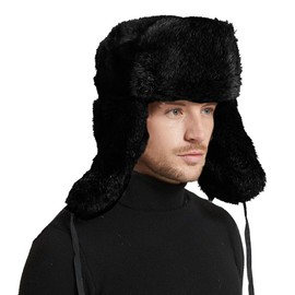 IFSUN Mens Winter Real Rabbit Fur Aviator Hat Russian Ushanka Hats (X-Large/23-24in, Black)