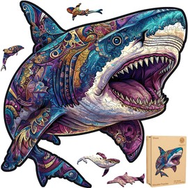 delobil Wooden Puzzles for Adults, Shark Jigsaw Puzzles 200 Pieces, Unique Shape Puzzles with Wooden Box, 11.3 x 11.3 Inches Medium Size Family Game Gift, Fun Challenging Puzzles for Adults and Kids