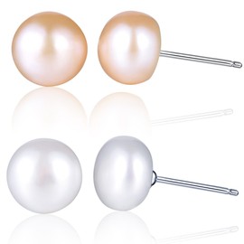 Yumilok Jewelry 2 Pairs 925 Sterling Silver 9mm White and Pink Pearls Stud Earrings for Women/Ladies/Girls, Hypoallergenic