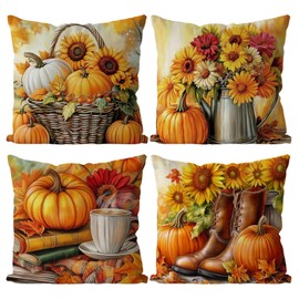 QIONG MENG Fall Pillow Covers 16x16 Inch Set of 4 Pumpkin Flower Decorative Throw Pillow Cases Autumn Harvest Soft Pillowcase for Home Farmhouse Living Room Decor