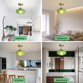 blusun Vintage Green Glass Ceiling Light, Brushed Gold Semi Flush Mount Ceiling Light, E26 Ribbed Glass Ceiling Lamp Mid Century Globe Ceiling Light Fixtures for Bedroom Bathroom Hallway Kitchen