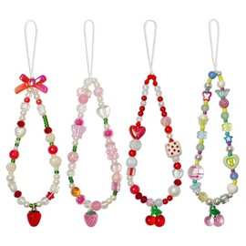 AGEN KGEN Phone Charms Cute Beaded Phone Lanyard Wrist Strap Aesthetic CellPhone Keychain Cute PhoneCharms for Women (4x Cherry Strawberry)