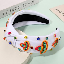 Mexican Headband for Women Cinco De Mayo Headband Beaded Fiesta Knotted Headbands Embellished Rhinestone Crystal Wide Top Knot Headbands Mexican Holiday Hair Accessory Party Favors Gifts (Sombrero)