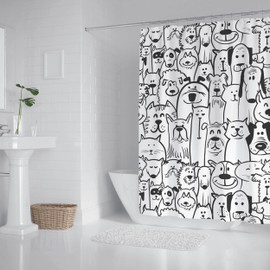 JV Home Cute Dog Shower Curtains with Hooks Decorative Funny Animal Pattern Washable Waterproof Polyester Fabric for Bathroom Accesories Decor Shower Curtain Set Rideau Douche 72x72 inch White Black