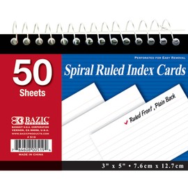 BAZIC Spiral Bound Ruled Index Card, 3 x 5 Inch, White, 50 Count