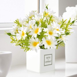 Artificial Flowers, Daisy Flower with Vase Silky Artificial Daisies Bouquet Fake Plant Bonsai for Home Office Wedding Decoration, Table Centerpieces Arrangement, Windowsill Decor