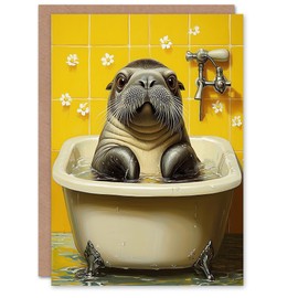 Artery8 Greeting Card Cute Walrus Yellow Bathroom Bathtub Bath Time For Her Woman Birthday Card