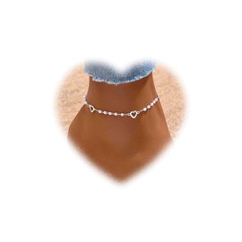 Crymystal Bohemian Heart Anklet for Women Vintage Pearl Ankle Bracelets Silver Pearl Bead Anklets Heart Anklets Chain Bracelet Summer Beach Anklet Foot Chain Jewelry for Girls Gifts (Silver)