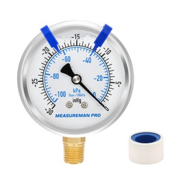 MEASUREMAN PRO 2.5'' Glycerin Filled Pressure Gauge, 30inHg-0 Vacuum,304 Stainless Steel Case, 1/4" NPT Lower Mount,for Air Conditioning Line, Tank, Air Pump, HVAC Test