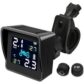Waterproof Tire Pressure Sensor, Solar Motorcycle Wireless TPMS Tire Pressure Monitor System, LCD Display with 2 External Sensors For Motorbike Motorcycle