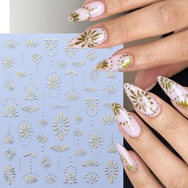 3Sheets Retro Flower Nail Art Stickers 3D Bohemian Style Design Nail Decals Self-Adhesive Gold Silver Petals Line Nail Sticker Boho Blue Floral Nail Decal for Women DIY Manicure Charms Decor Supplies
