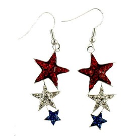 Patriotic Shooting Star Drop Earrings -elegant euro-wire drop earrings feature red white and blue crystal stars in silver-plate. The drop is approx 1.5".