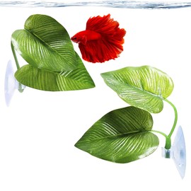 SunGrow Betta Fish Leaf Hammock, Twin Leaf Design with Suction Cup, 2-Pack - Comfortable Resting, Breathing & Breeding Pads, Easy Install, Simulates Natural Habitat for Healthier Betta