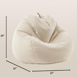 LPMOERA 3FT Bean Bag Chairs for Kids/Teens with Memory Foam Filling Bean Bag Sofa with Handle Ultra Soft Washable Corduroy Fabric Lazy Sofa for Living Room Bedroom College Dorm Cream White