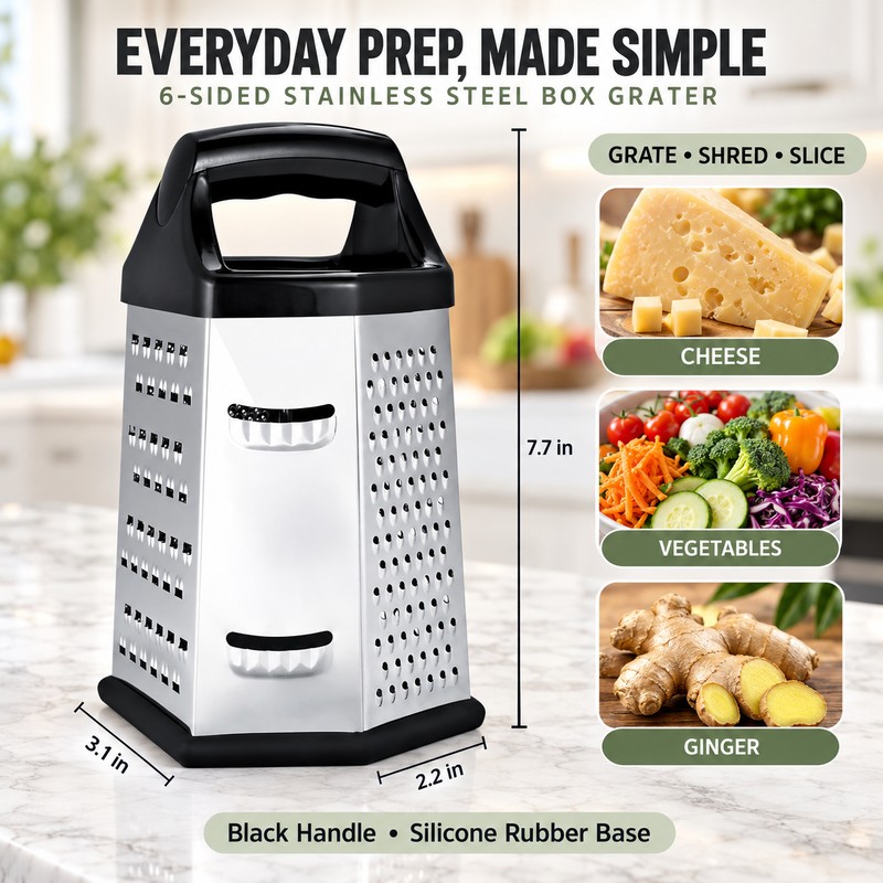 6-Sided Stainless Steel Box Grater for Everyday Food Prep –
