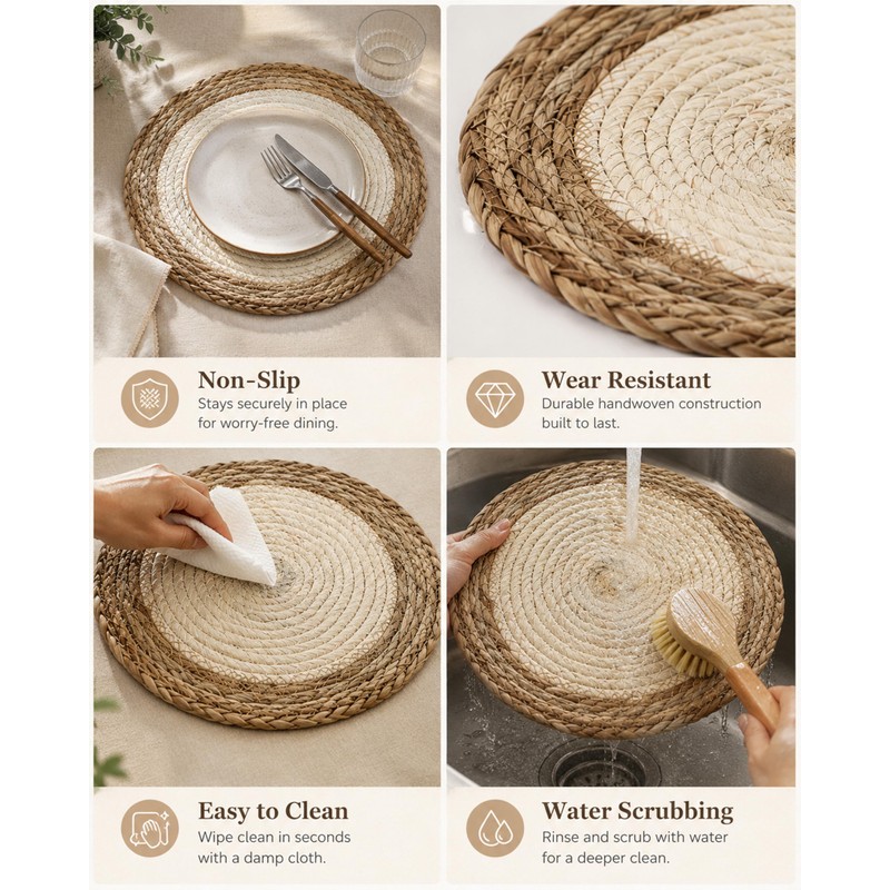 4Pcs 12'' Round Woven Placemats Handmade Slip Heat Resistant Wicker