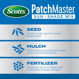 Scotts PatchMaster Lawn Repair Mix Sun + Shade Mix, Combination Grass Seed, Fertilizer, and Mulch, 10 lbs.