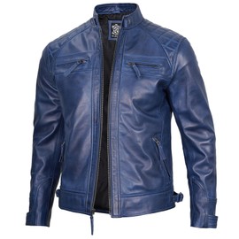 Decrum Mens Leather Jackets - Cafe Racer Leather Jacket | [1127123] D1 Blue, M