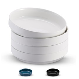 KooK Bowl Plates, Pasta Bowl, Low Bowl, Plate Bowls, Ceramic Large Shallow Bowls, Microwave and Dishwasher Safe, Great for Soups and Salads, Glossy Porcelain, 47 oz, Set of 4, White