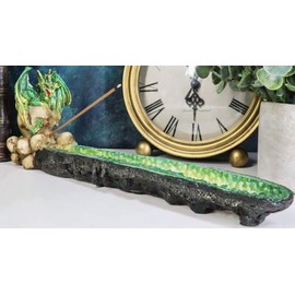 Ebros Gift Green Jade Dragon On Giant Skull Guarding Emerald Green Quartz Crystal Quarry Faux Geode River Incense Burner Holder Figurine Fantasy Mythical Dungeons and Dragons Home Decorative Accent