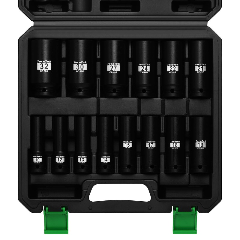 TecoTek 14PCS 1/2" Deep Drive Impact Socket Set, 6-Point, Metric