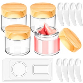 MotBach 4 Pack 2oz Glass Jars with Lids, 2ounce Small Glass Containers with Woodgrain Lids and Inner Liners, 60ml Round Clear Jars Travel Toiletries with Spatula for Makeup Cosmetic Salve Cream Lotion