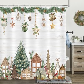 Bonhause Christmas Shower Curtain, Winter Xmas Tree Wooden Cabin Gifts Rustic Farmhouse Bathroom Decor 72 x 72 Inch Polyester Fabric Waterproof Bath Curtain with 12 Hooks