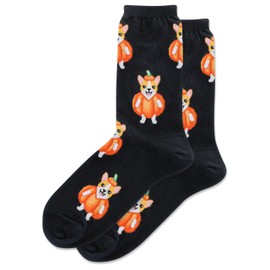 Hot Sox Women's Pumpkin Corgi Crew Socks 1 Pair, Black, Shoe Size: 4-10.5