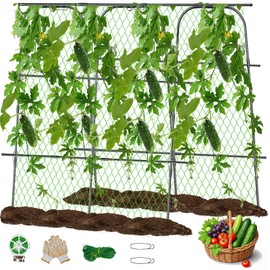 63" x 63" U-Shaped Cucumber Trellis,Metal Arch Plant Support Frame,Raised Garden Trellis with Nylon Net,Black Garden Trellis for Climbing Plants,Pea Tunnel Trellis for Raised Bed