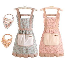 Benaewa 2 Pcs Wrap Around Aprons 1940 Style, Elastic Hair Scarves and Adjustable Kitchen Aprons for Women Baking, Gardening (Pink, Green)