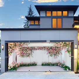 Floral Wedding Garage Door Banner 16x7ft Polyester Pink Flower Wall Garage Door Decoration Bridal Wedding Garage Door Cover Honey Moon Lover Large Hanging Backdrop Outdoor Party Supplies