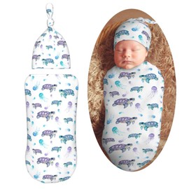 Muishi Watercolor Turtles Jellyfish Newborn Swaddle Blankets Hat Sets Soft Baby Receiving Blanket Swaddle Sack for Baby Shower Infant Boy Girl Gift