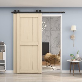 LQKUMJG 10FT Bypass Sliding Barn Door Hardware Kit Upgraded Heavy Duty Single Track for Double Doors, Fit 1 3/16" - 1 9/16" Thickness Door Panel, Black (T-Shaped Hanger)