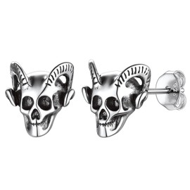 Suplight Baphomet Goat Skull Head Earring 925 Sterling Silver Earrings Satan Gold Head Stud Earrings for Men Women